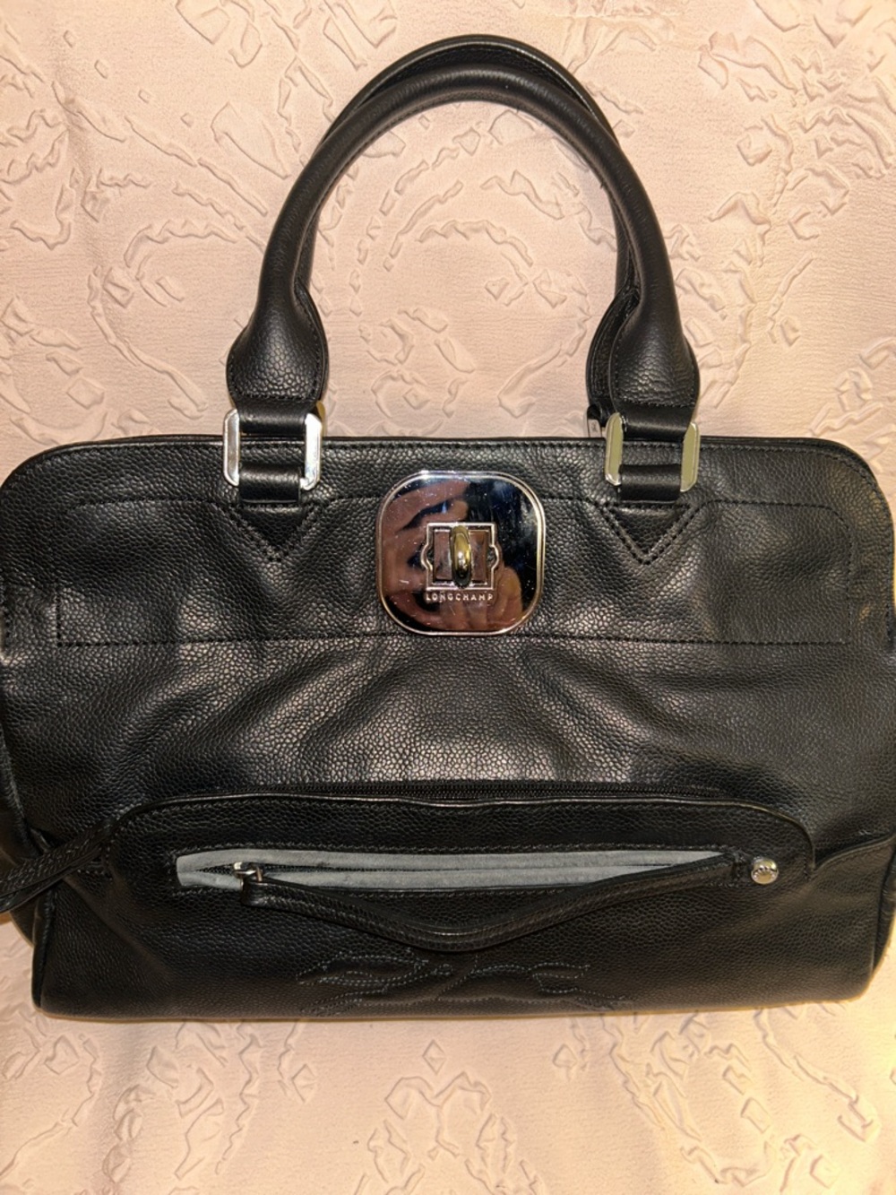 Longchamp Black Leather Gatsby Top-Handle bag with Silver Hardware